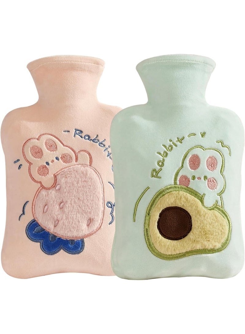 CLENEA Hot Water Bottle with Plush Cover, 2 Sets 500ml Thermal Leakproof Hot Water Bag, Breathable Soft Cute Cartoon Mini Hot Water Bottle, Heating Pads - Image 1